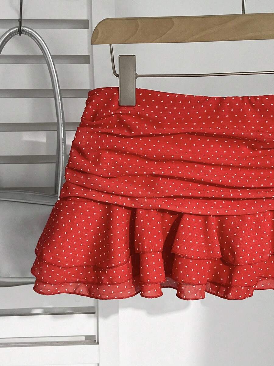 Elamini Women's Fashion Pleated Layered Decor Sweet Design Charming Polka Dot Ruffle Hem Vacation Style Skirt