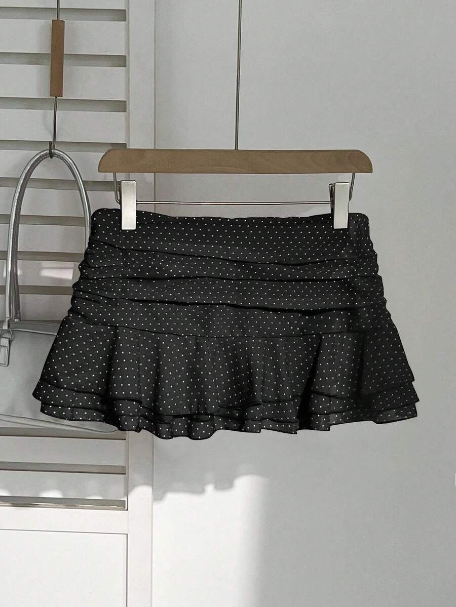Elamini Women's Fashion Pleated Layered Decor Sweet Design Charming Polka Dot Ruffle Hem Vacation Style Skirt