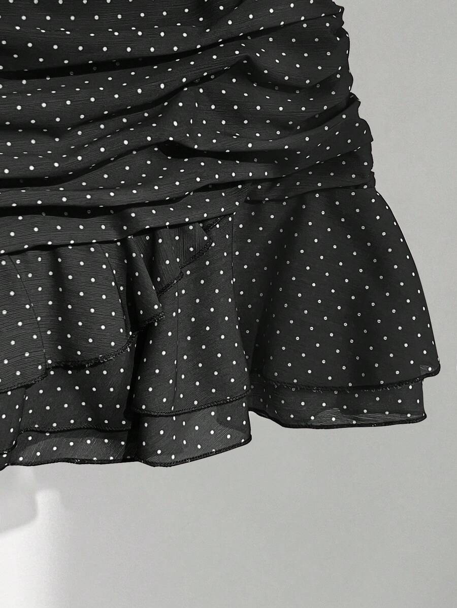 Elamini Women's Fashion Pleated Layered Decor Sweet Design Charming Polka Dot Ruffle Hem Vacation Style Skirt