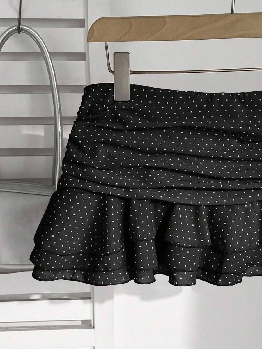 Elamini Women's Fashion Pleated Layered Decor Sweet Design Charming Polka Dot Ruffle Hem Vacation Style Skirt