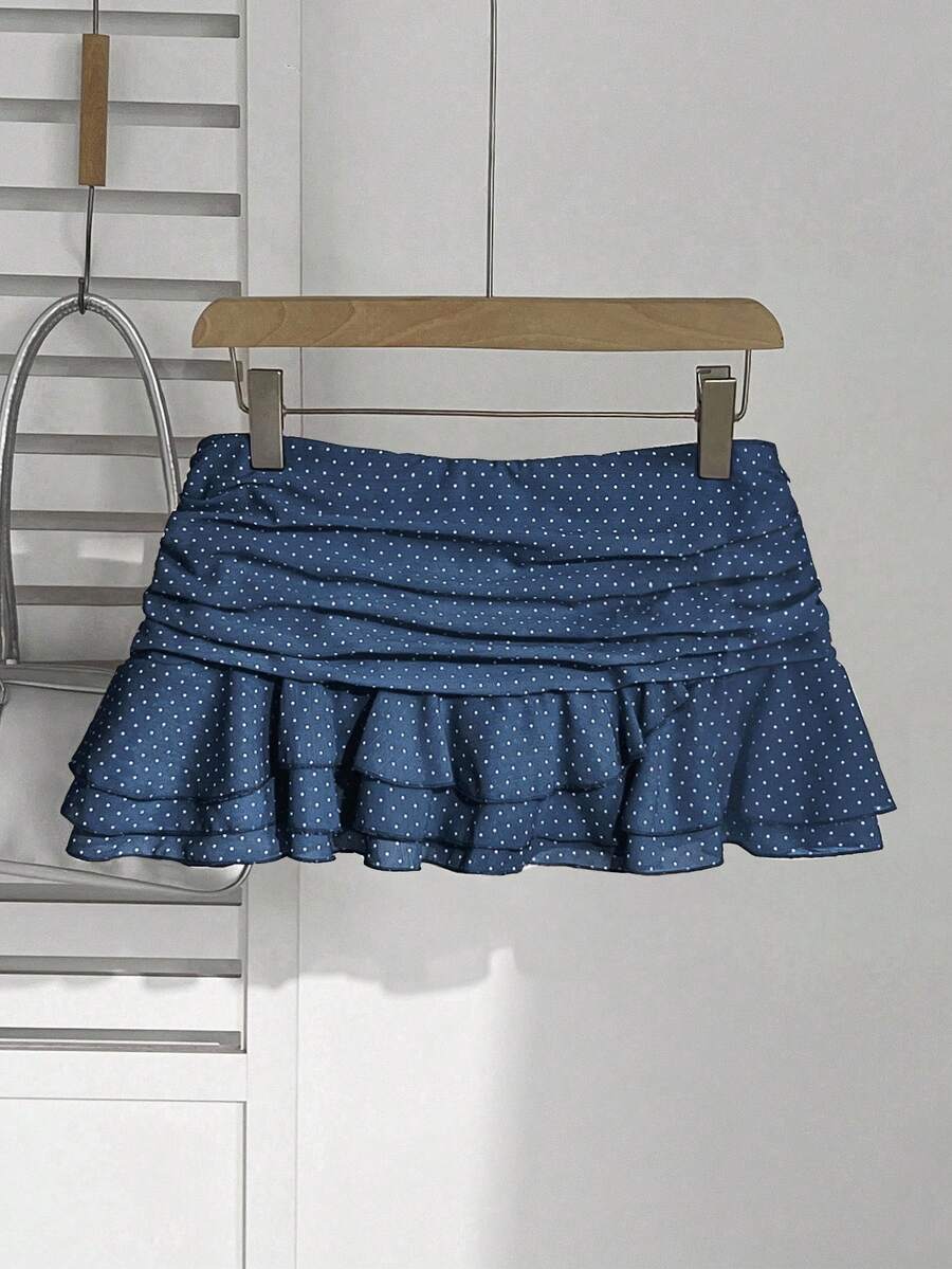 Elamini Women's Fashion Pleated Layered Decor Sweet Design Charming Polka Dot Ruffle Hem Vacation Style Skirt