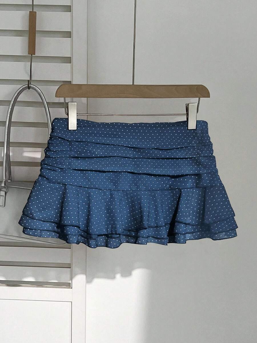 Elamini Women's Fashion Pleated Layered Decor Sweet Design Charming Polka Dot Ruffle Hem Vacation Style Skirt
