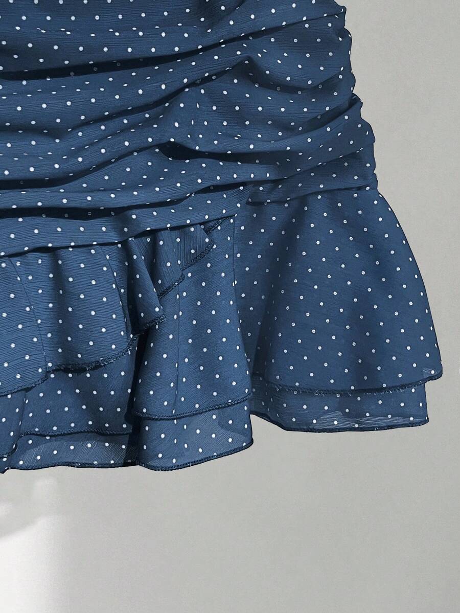 Elamini Women's Fashion Pleated Layered Decor Sweet Design Charming Polka Dot Ruffle Hem Vacation Style Skirt