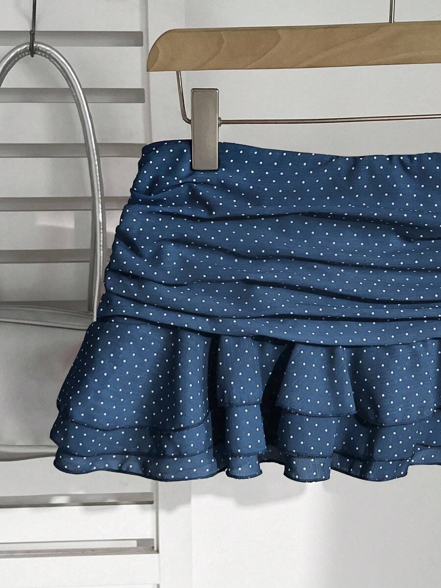 Elamini Women's Fashion Pleated Layered Decor Sweet Design Charming Polka Dot Ruffle Hem Vacation Style Skirt