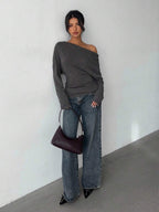 Aloruh Grey Knit Oblique Shoulder Casual Commuter Top, Autumn,Solid Color T-Shirt,Long-Sleeved T-Shirt,Old Money Style,Simple,Commuting,Business Casual Outfits Women,Office Outfits For Women,Work Tops,Fall Clothes,Autumn Outfits For Women,Off The Shoulder Top