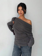 Aloruh Grey Knit Oblique Shoulder Casual Commuter Top, Autumn,Solid Color T-Shirt,Long-Sleeved T-Shirt,Old Money Style,Simple,Commuting,Business Casual Outfits Women,Office Outfits For Women,Work Tops,Fall Clothes,Autumn Outfits For Women,Off The Shoulder Top
