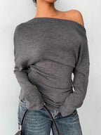 Aloruh Grey Knit Oblique Shoulder Casual Commuter Top, Autumn,Solid Color T-Shirt,Long-Sleeved T-Shirt,Old Money Style,Simple,Commuting,Business Casual Outfits Women,Office Outfits For Women,Work Tops,Fall Clothes,Autumn Outfits For Women,Off The Shoulder Top