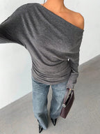 Aloruh Grey Knit Oblique Shoulder Casual Commuter Top, Autumn,Solid Color T-Shirt,Long-Sleeved T-Shirt,Old Money Style,Simple,Commuting,Business Casual Outfits Women,Office Outfits For Women,Work Tops,Fall Clothes,Autumn Outfits For Women,Off The Shoulder Top