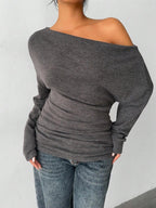 Aloruh Grey Knit Oblique Shoulder Casual Commuter Top, Autumn,Solid Color T-Shirt,Long-Sleeved T-Shirt,Old Money Style,Simple,Commuting,Business Casual Outfits Women,Office Outfits For Women,Work Tops,Fall Clothes,Autumn Outfits For Women,Off The Shoulder Top