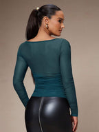 Silquee Women's Solid Color Plunging Neck Long Sleeve Fitted Fashionable Mesh Blouse See Through Top Mesh Top Top Long Sleeve Top