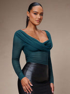 Silquee Women's Solid Color Plunging Neck Long Sleeve Fitted Fashionable Mesh Blouse See Through Top Mesh Top Top Long Sleeve Top