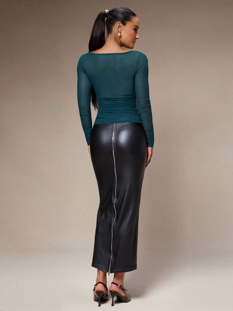 Silquee Women's Solid Color Plunging Neck Long Sleeve Fitted Fashionable Mesh Blouse See Through Top Mesh Top Top Long Sleeve Top