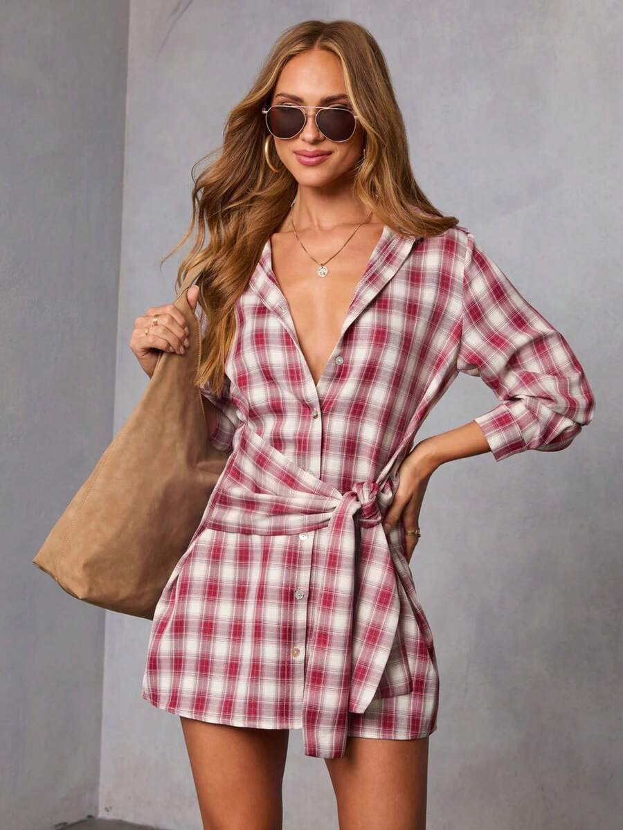 Casual Women's Plaid Long Sleeve Button-Up Shirt Dress With Tie Decor And Asymmetric Hem, Short Woven Fabric