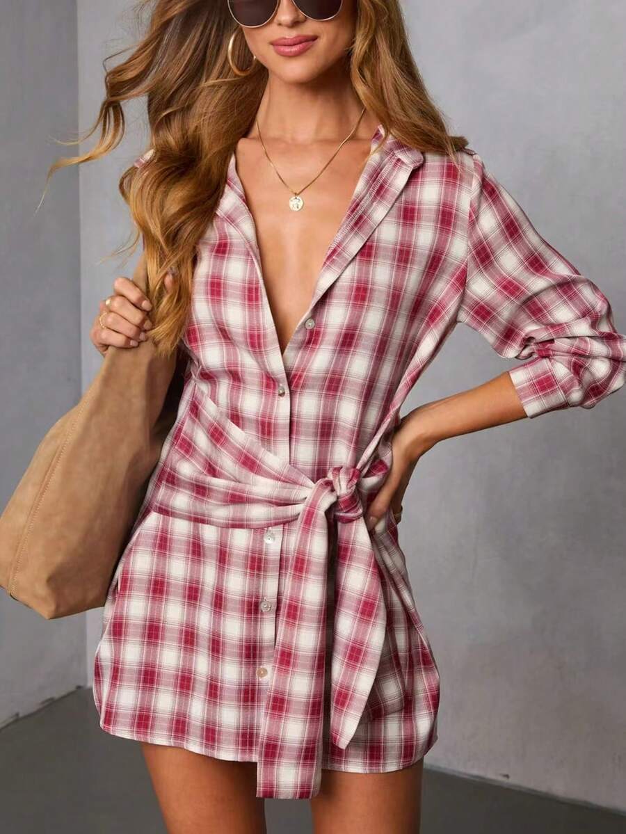 Casual Women's Plaid Long Sleeve Button-Up Shirt Dress With Tie Decor And Asymmetric Hem, Short Woven Fabric