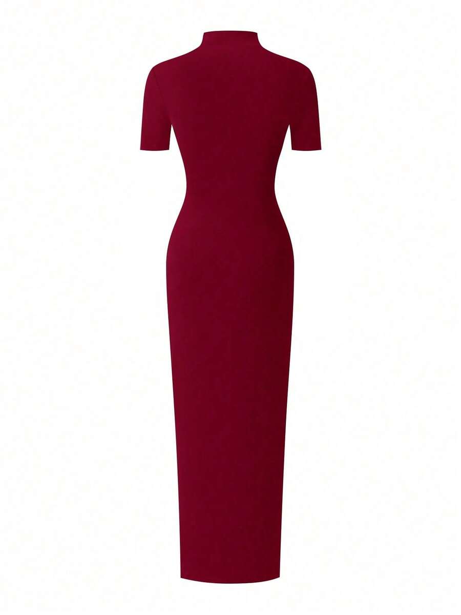 EARO Women's Long Slit Bodycon Dress, High-End Elegant Fashion Casual Versatile Layering Dress, TighRucheded Long Sleeve High Neck Knit Stretchy Mini Dress