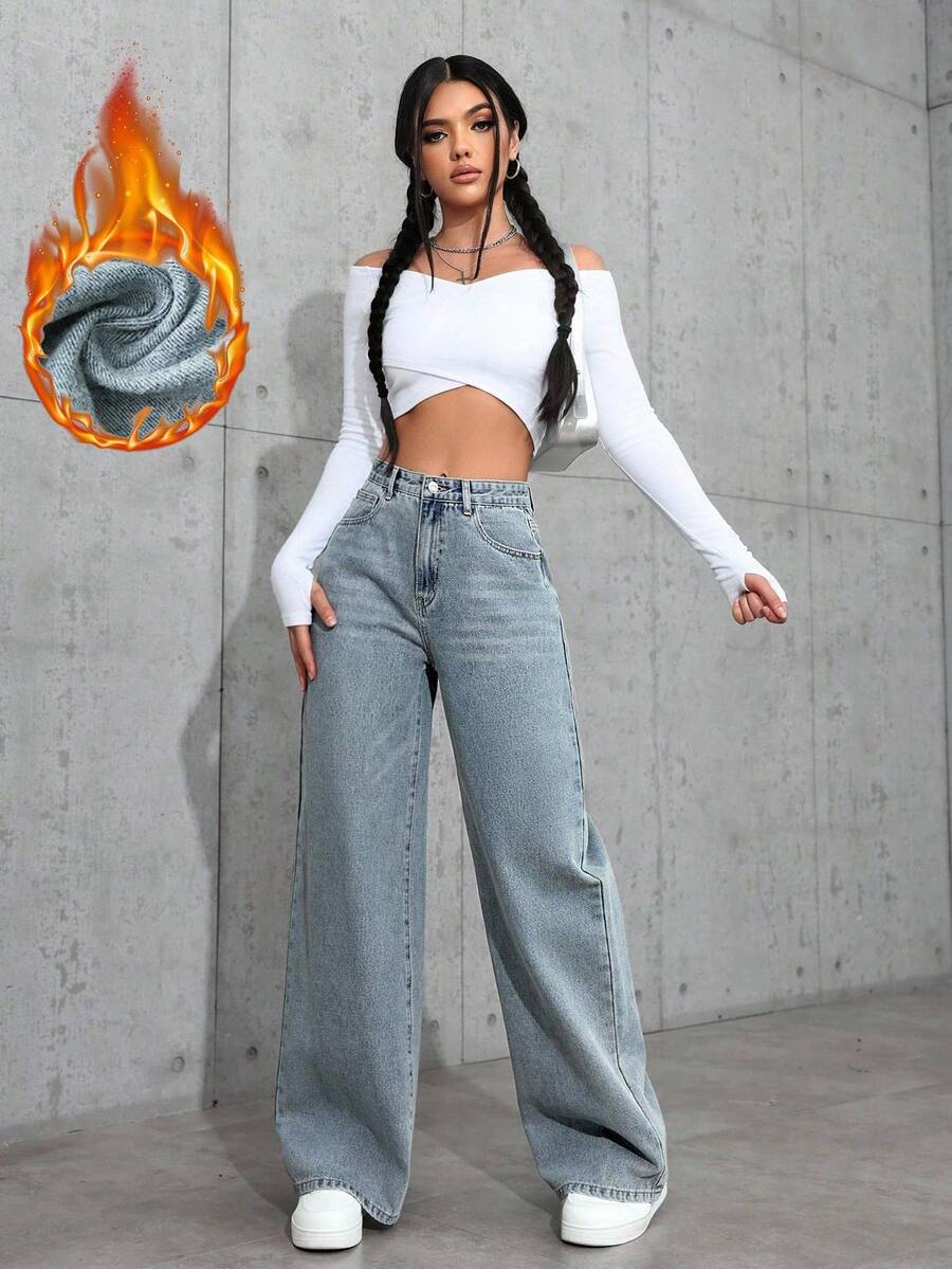 SHEIN ICON Casual Relaxed-Fit High-Waist Straight Leg Denim Jeans