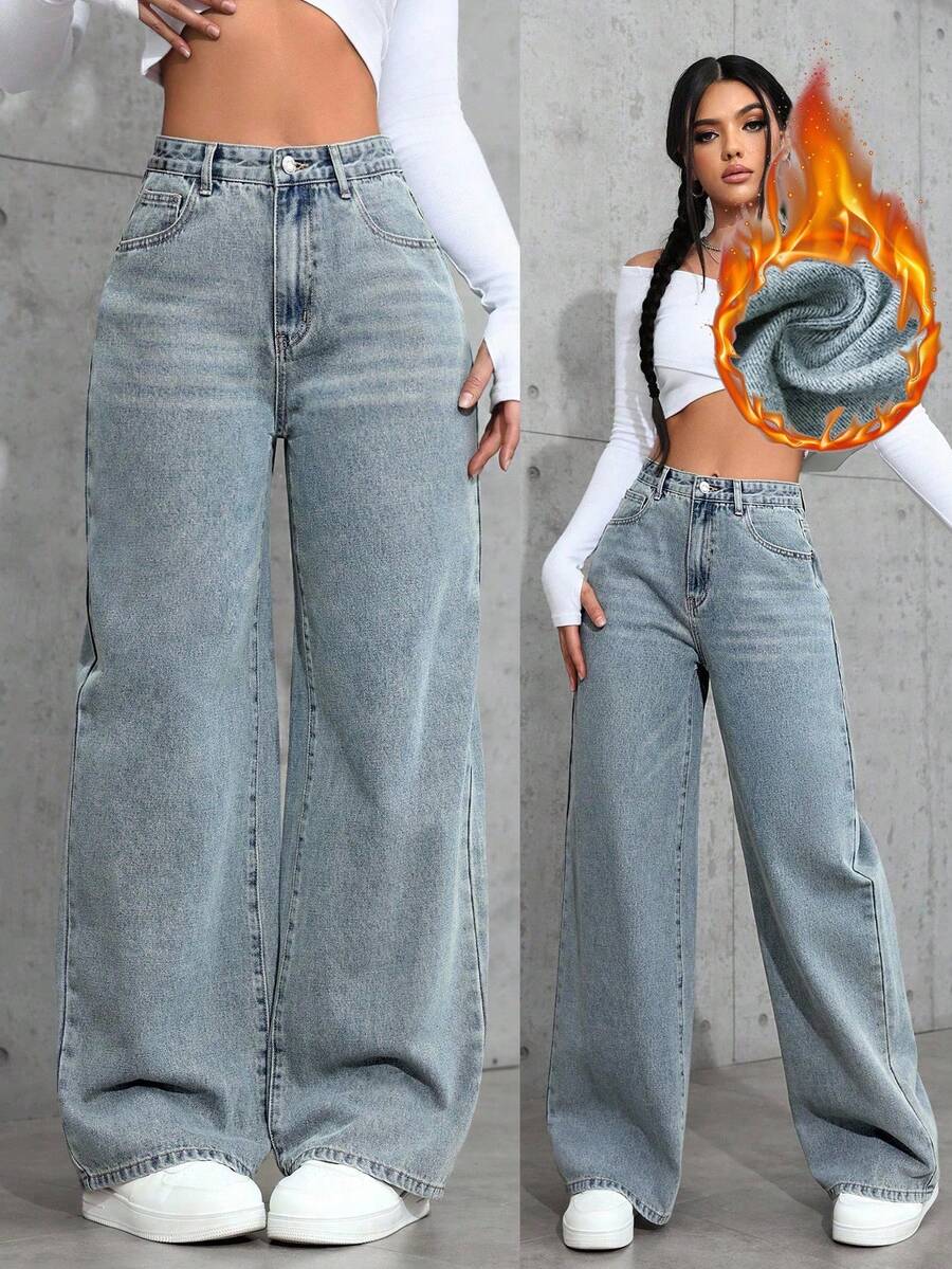 SHEIN ICON Casual Relaxed-Fit High-Waist Straight Leg Denim Jeans