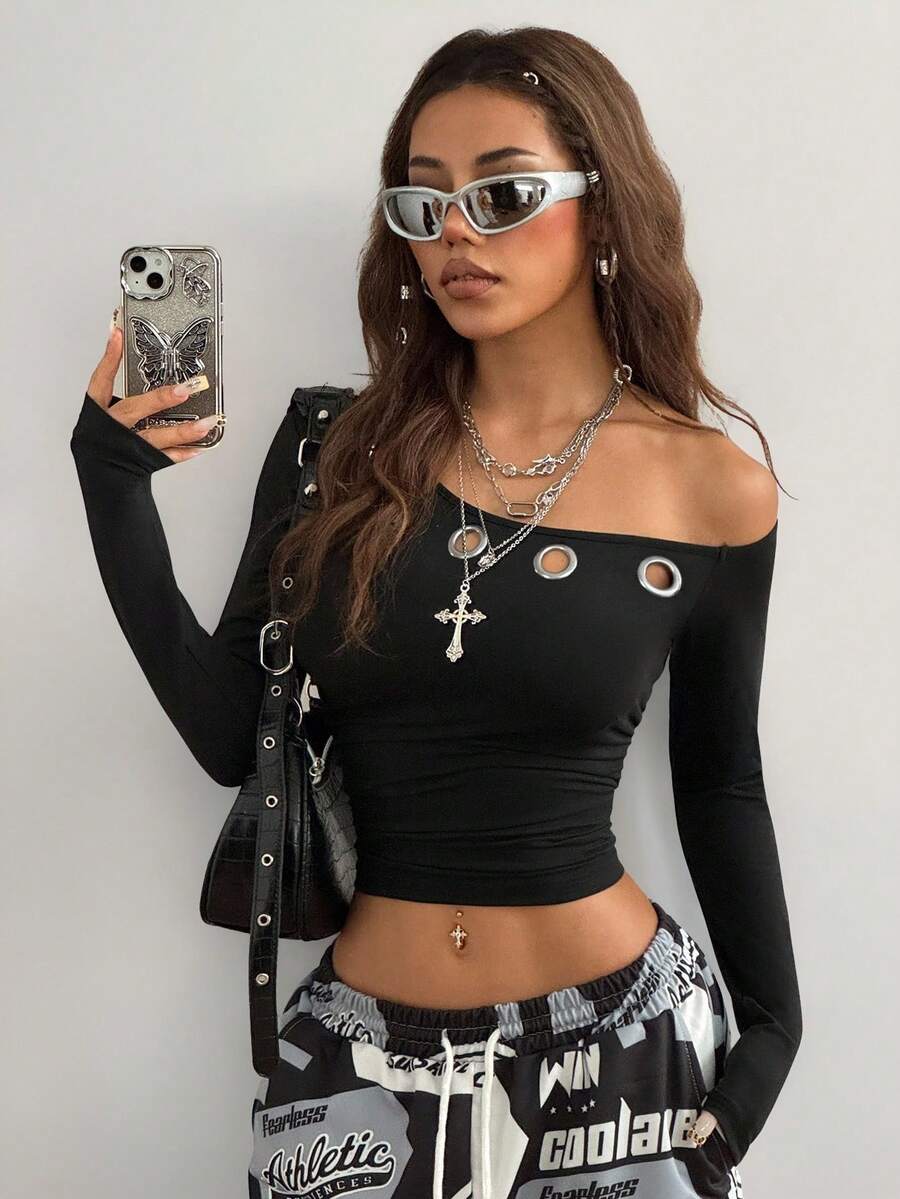 Coolane Women's Winter Streetwear Daily Wear Grunge Grommet Eyelet Essentials Knit Stretchy Comfy Asymmetrical Neck Ruched Black Long Sleeve Tops,Black Top
