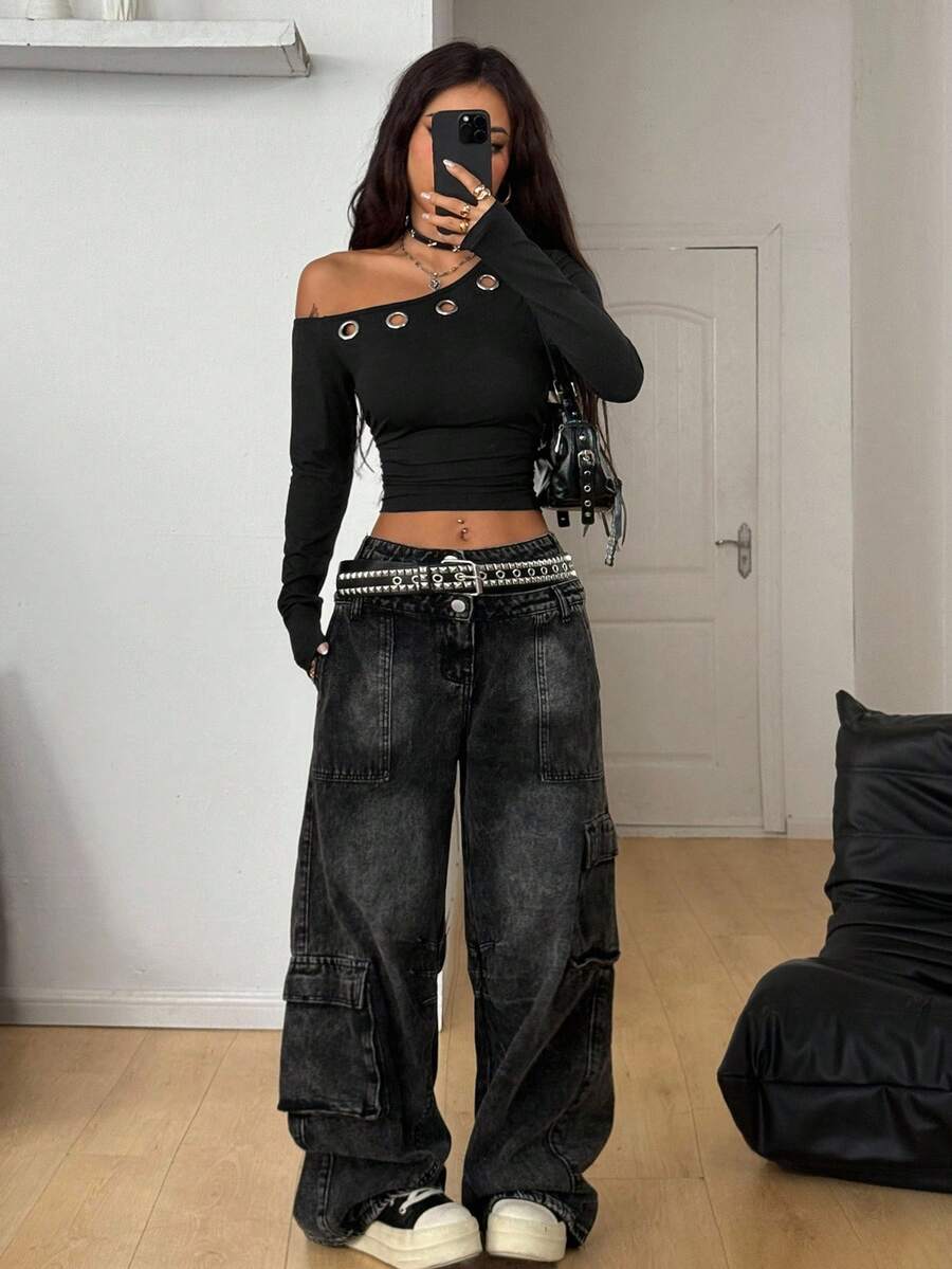 Coolane Women's Winter Streetwear Daily Wear Grunge Grommet Eyelet Essentials Knit Stretchy Comfy Asymmetrical Neck Ruched Black Long Sleeve Tops,Black Top