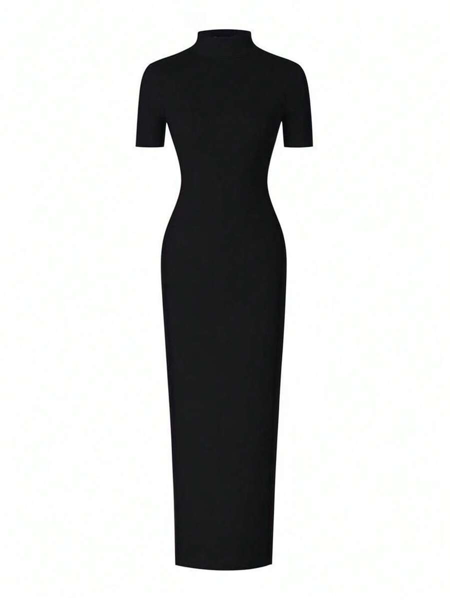 EARO Women's Long Slit Bodycon Dress, High-End Elegant Fashion Casual Versatile Layering Dress, TighRucheded Long Sleeve High Neck Knit Stretchy Mini Dress