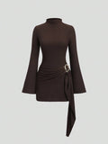 Sweetra Women's Stand Collar Cinched Waist Minimalist Flare Sleeve Bodycon Midi Dress