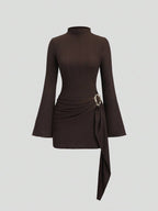 Sweetra Women's Stand Collar Cinched Waist Minimalist Flare Sleeve Bodycon Midi Dress
