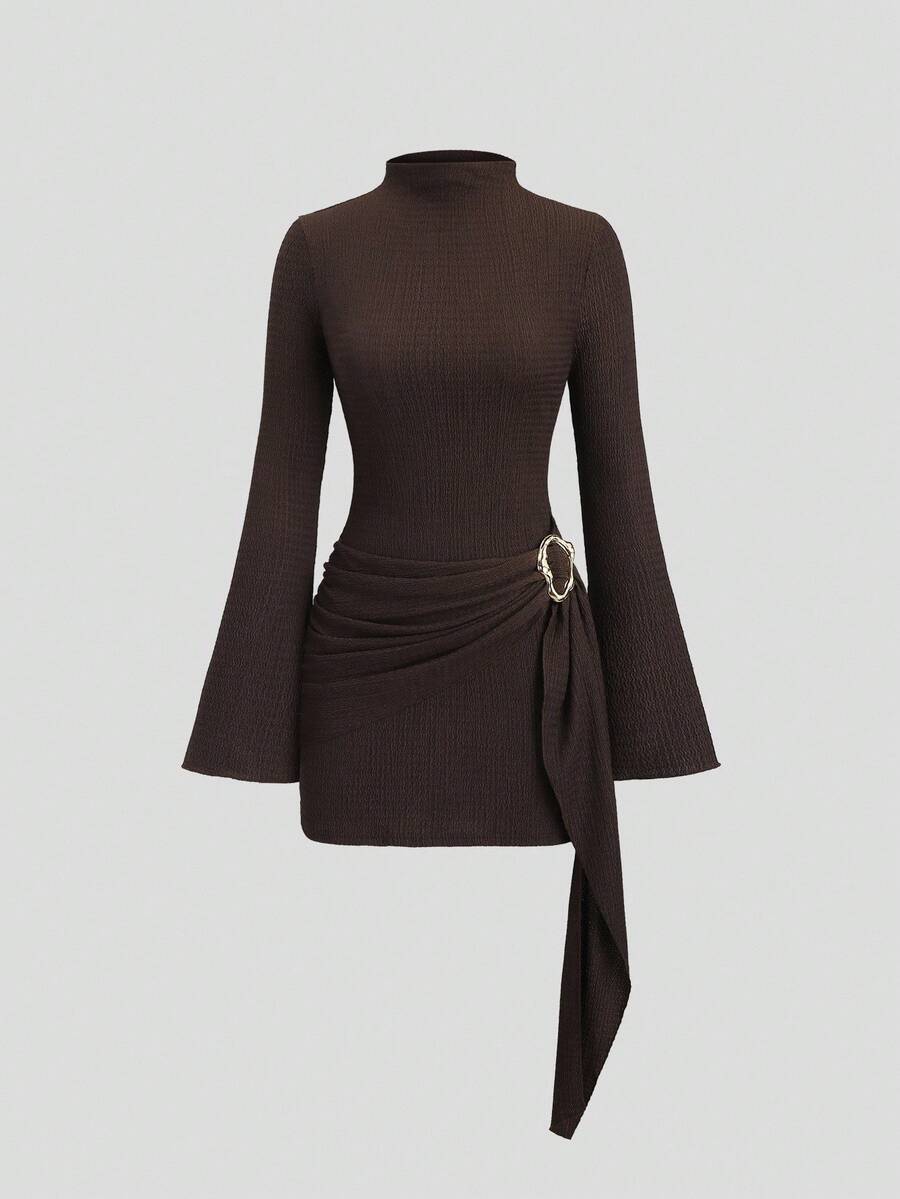 Sweetra Women's Stand Collar Cinched Waist Minimalist Flare Sleeve Bodycon Midi Dress