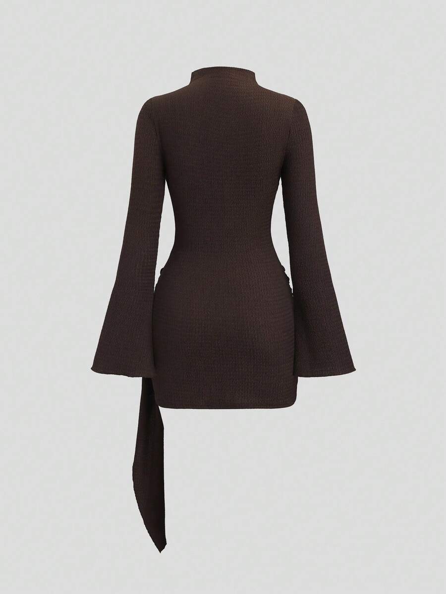 Sweetra Women's Stand Collar Cinched Waist Minimalist Flare Sleeve Bodycon Midi Dress