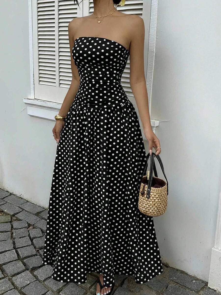MainGRL Women's Polka Dot Print Waist Cinched Bandeau Dress, Vacation Style,Dresses For Women Casual Sun Dress Long Brown Long Dress Brown Sundress Brown Maxi Dress Brown Polka Dot Dress