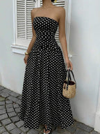 MainGRL Women's Polka Dot Print Waist Cinched Bandeau Dress, Vacation Style,Dresses For Women Casual Sun Dress Long Brown Long Dress Brown Sundress Brown Maxi Dress Brown Polka Dot Dress