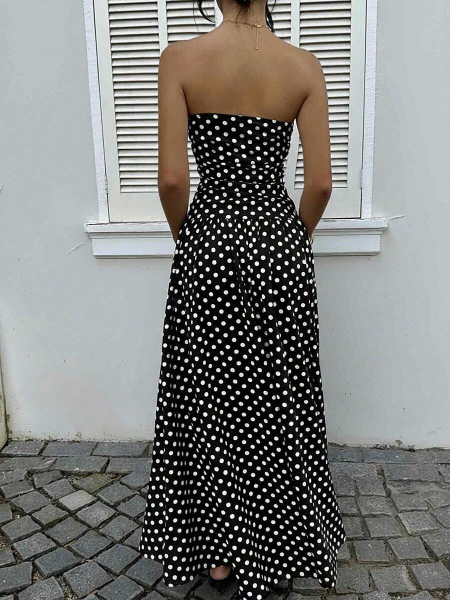 MainGRL Women's Polka Dot Print Waist Cinched Bandeau Dress, Vacation Style,Dresses For Women Casual Sun Dress Long Brown Long Dress Brown Sundress Brown Maxi Dress Brown Polka Dot Dress