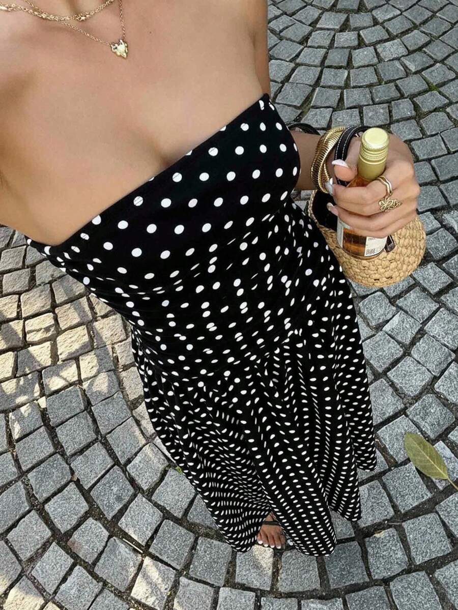 MainGRL Women's Polka Dot Print Waist Cinched Bandeau Dress, Vacation Style,Dresses For Women Casual Sun Dress Long Brown Long Dress Brown Sundress Brown Maxi Dress Brown Polka Dot Dress