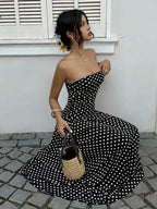 MainGRL Women's Polka Dot Print Waist Cinched Bandeau Dress, Vacation Style,Dresses For Women Casual Sun Dress Long Brown Long Dress Brown Sundress Brown Maxi Dress Brown Polka Dot Dress