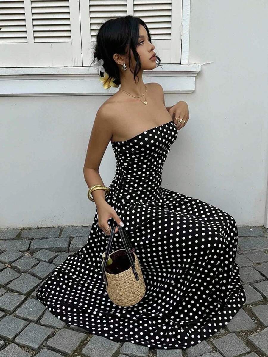 MainGRL Women's Polka Dot Print Waist Cinched Bandeau Dress, Vacation Style,Dresses For Women Casual Sun Dress Long Brown Long Dress Brown Sundress Brown Maxi Dress Brown Polka Dot Dress