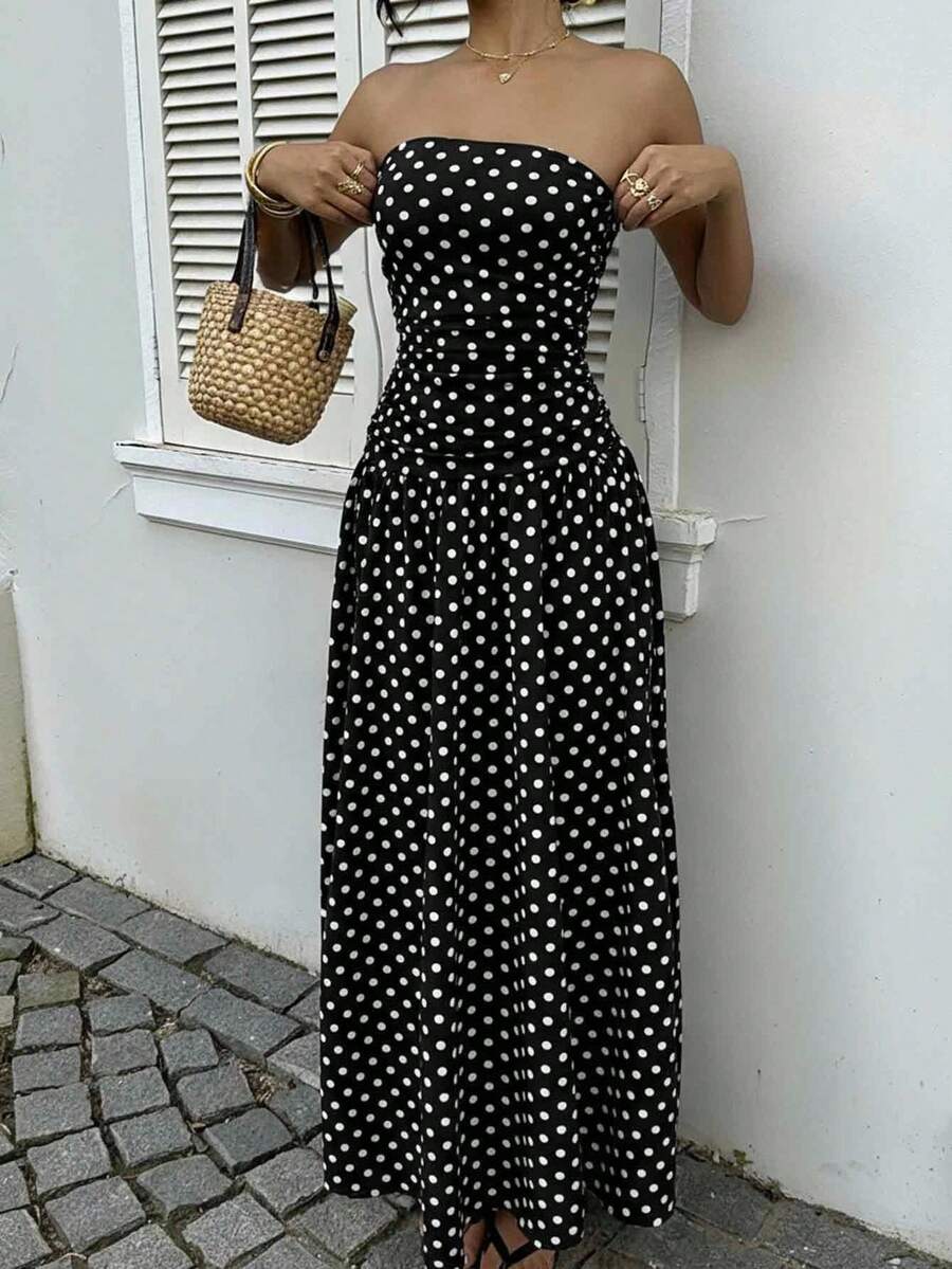 MainGRL Women's Polka Dot Print Waist Cinched Bandeau Dress, Vacation Style,Dresses For Women Casual Sun Dress Long Brown Long Dress Brown Sundress Brown Maxi Dress Brown Polka Dot Dress