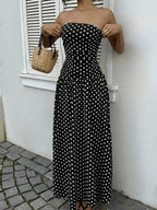 MainGRL Women's Polka Dot Print Waist Cinched Bandeau Dress, Vacation Style,Dresses For Women Casual Sun Dress Long Brown Long Dress Brown Sundress Brown Maxi Dress Brown Polka Dot Dress