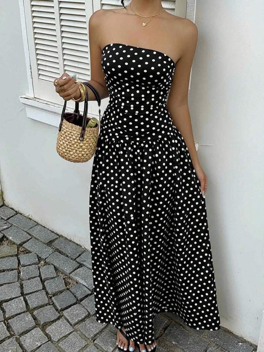 MainGRL Women's Polka Dot Print Waist Cinched Bandeau Dress, Vacation Style,Dresses For Women Casual Sun Dress Long Brown Long Dress Brown Sundress Brown Maxi Dress Brown Polka Dot Dress