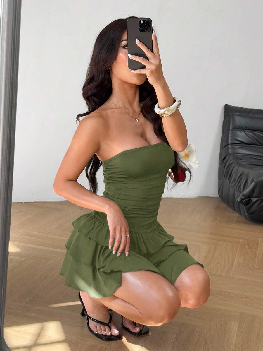 MainGRL Knitted Fabric A-Line Sleeveless Mini Dress In Burgundy Tube Top Dress Ruffle Dress,Party Dress