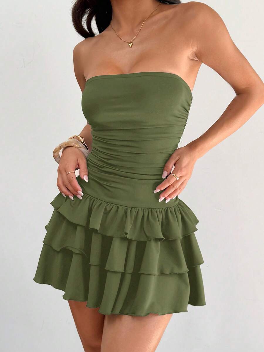 MainGRL Knitted Fabric A-Line Sleeveless Mini Dress In Burgundy Tube Top Dress Ruffle Dress,Party Dress