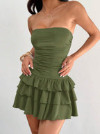 MainGRL Knitted Fabric A-Line Sleeveless Mini Dress In Burgundy Tube Top Dress Ruffle Dress,Party Dress