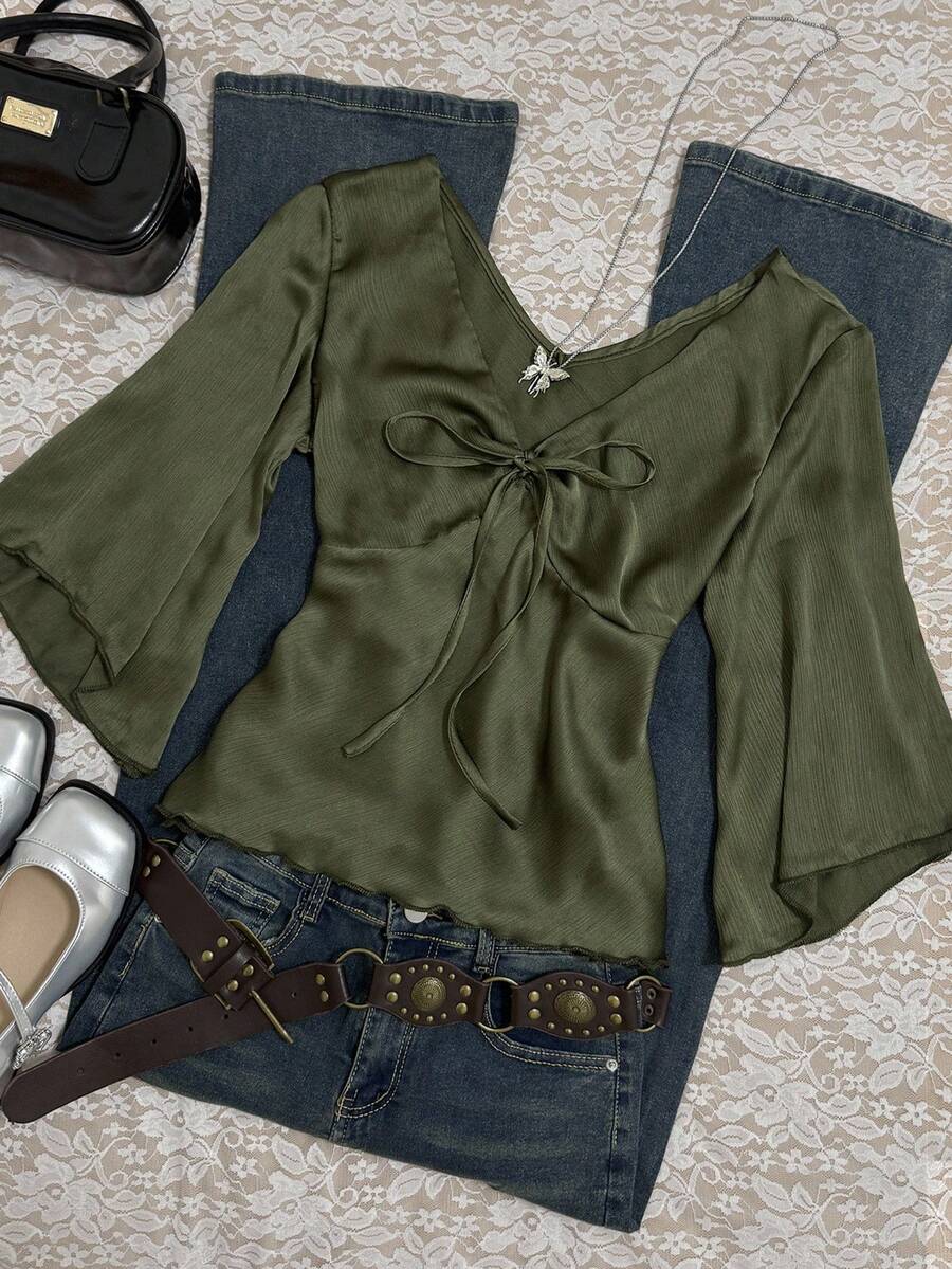 INAWLY Women's Autumn Simple Solid Color Front Tie Flare Sleeve Shirt
