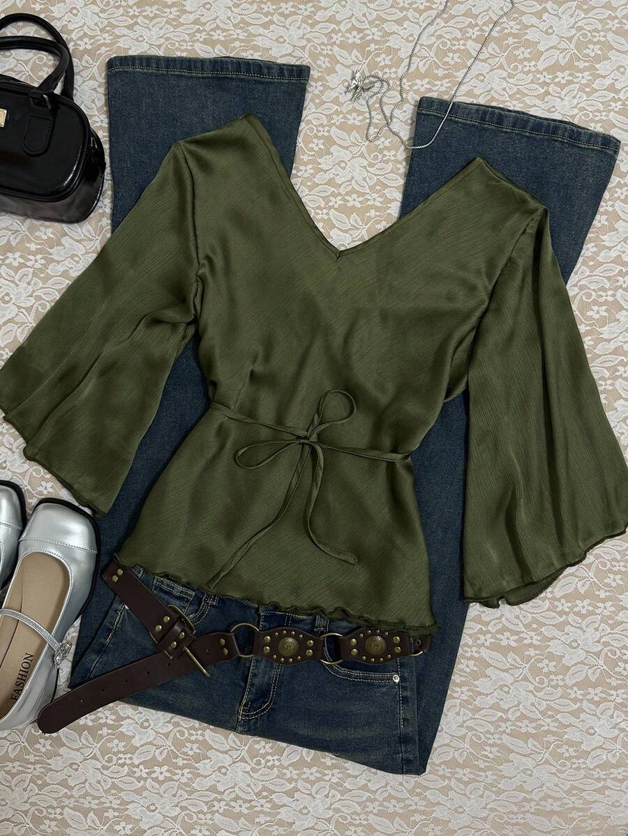 INAWLY Women's Autumn Simple Solid Color Front Tie Flare Sleeve Shirt
