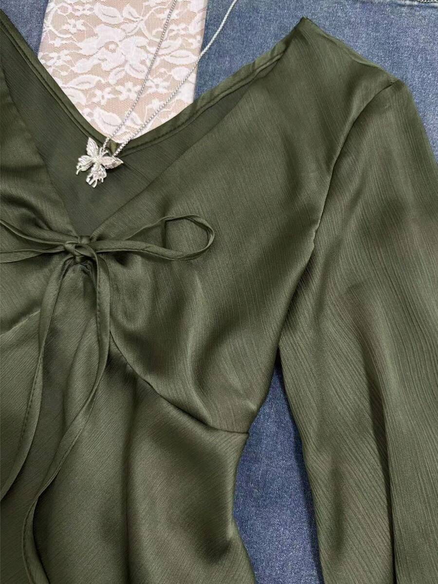 INAWLY Women's Autumn Simple Solid Color Front Tie Flare Sleeve Shirt