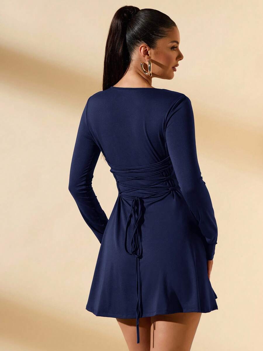 SHEIN BAE Women's Slim-Fitting Long-Sleeved High-Neck Mini Dress With Ruffled Hem, Coffee Color, Suitable For Layering, Dating Or Commuting In Autumn And Winter, Elegant Card Dress Umbrella Skirt Office Wear Work Wear Autumn Inner Wear,Summer Dresses For Women,Tea Party Dress