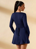 SHEIN BAE Women's Slim-Fitting Long-Sleeved High-Neck Mini Dress With Ruffled Hem, Coffee Color, Suitable For Layering, Dating Or Commuting In Autumn And Winter, Elegant Card Dress Umbrella Skirt Office Wear Work Wear Autumn Inner Wear,Summer Dresses For Women,Tea Party Dress