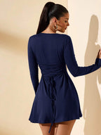 SHEIN BAE Women's Slim-Fitting Long-Sleeved High-Neck Mini Dress With Ruffled Hem, Coffee Color, Suitable For Layering, Dating Or Commuting In Autumn And Winter, Elegant Card Dress Umbrella Skirt Office Wear Work Wear Autumn Inner Wear,Summer Dresses For Women,Tea Party Dress