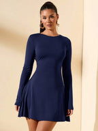 SHEIN BAE Women's Slim-Fitting Long-Sleeved High-Neck Mini Dress With Ruffled Hem, Coffee Color, Suitable For Layering, Dating Or Commuting In Autumn And Winter, Elegant Card Dress Umbrella Skirt Office Wear Work Wear Autumn Inner Wear,Summer Dresses For Women,Tea Party Dress