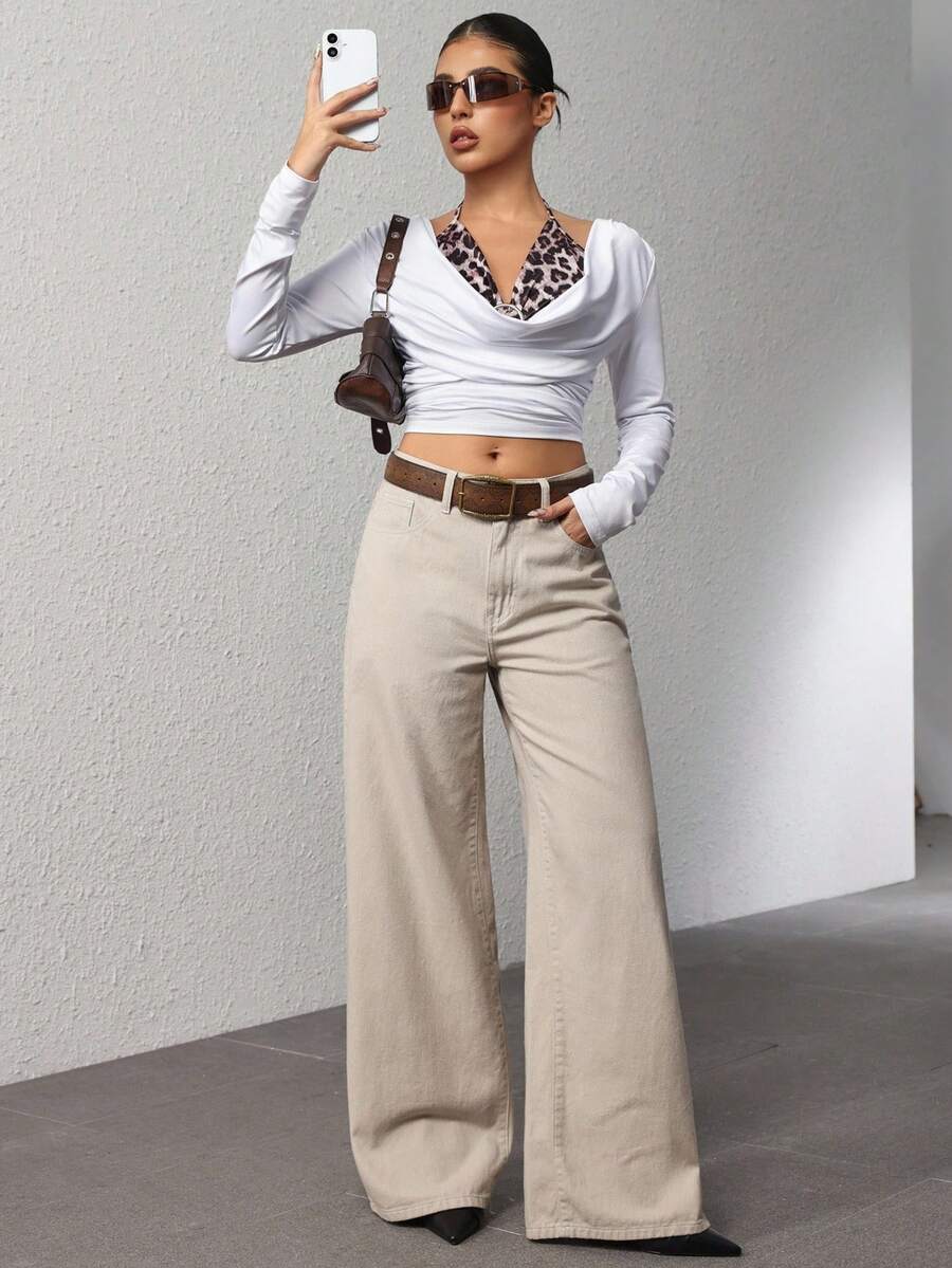 SHEIN ICON Women's Loose Fit Wide Leg Pockets Casual Versatile Jeans Pants