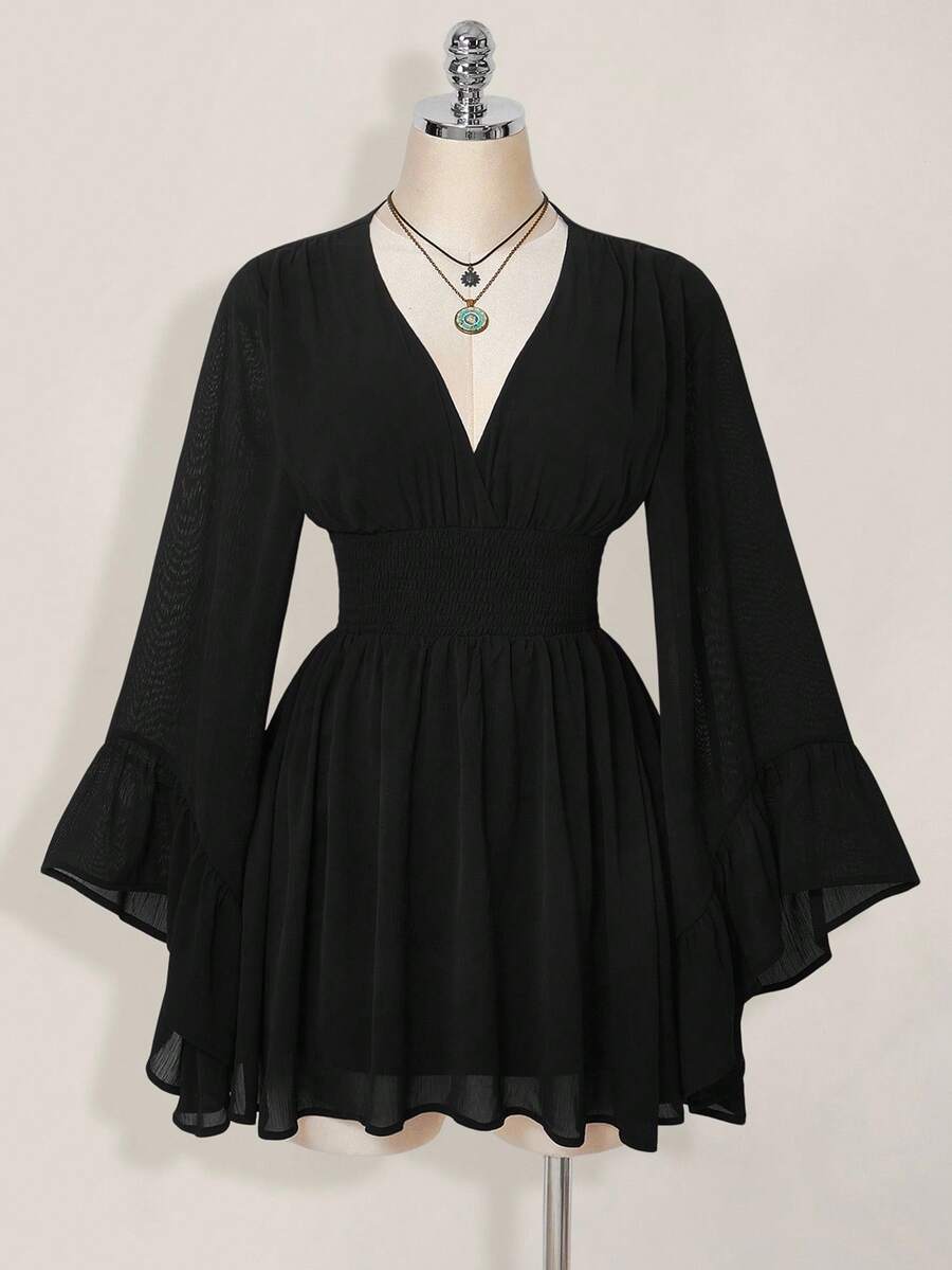 SHEIN ICON Women's Halloween Goth Black Corset Solid Color V-Neck Waist Cinched Elegant Long Sleeve Mini Dress,Fall/Winter  Bell Sleeve Dress Black Dress With Sleeves,Thanksgiving Outfit For Women