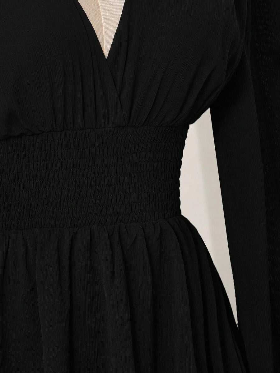 SHEIN ICON Women's Halloween Goth Black Corset Solid Color V-Neck Waist Cinched Elegant Long Sleeve Mini Dress,Fall/Winter  Bell Sleeve Dress Black Dress With Sleeves,Thanksgiving Outfit For Women